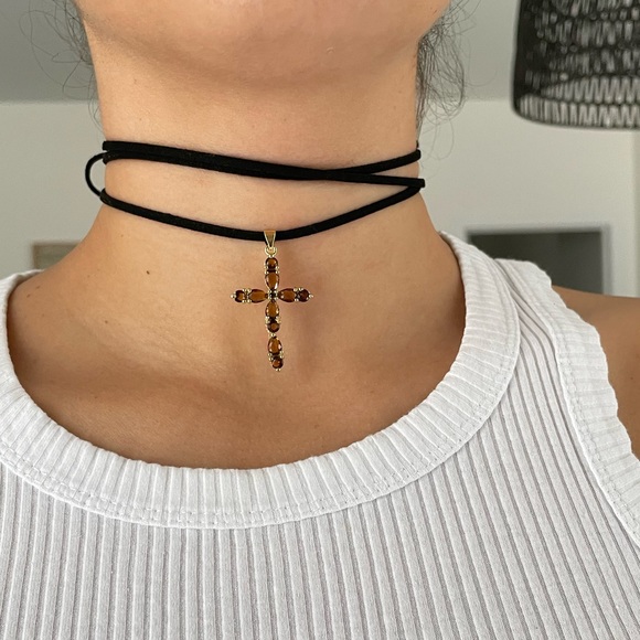 Crystal cross brown y2k choker - Picture 1 of 5